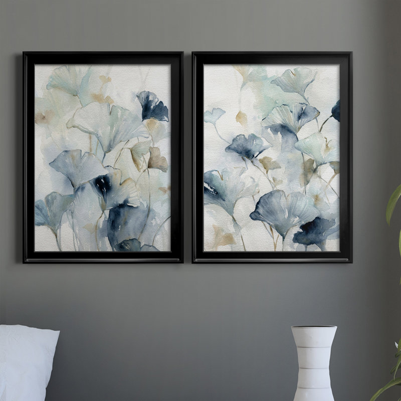 Indigo Ginkgo I - ensemble de 2 peintures sur toile encadrées, Noir, H 24,5 po x l 18,5 po x P 1 po