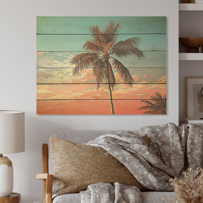 Palmier au coucher du soleil - palmiers et palmiers, art sur bois de pin naturel