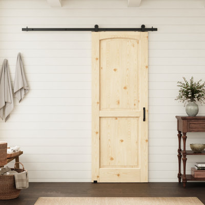 32"x80" 2-Panel Arch Top Pine Wood Interior Slab Door With Top Mounted Black Barn Door Hardware Kit Suitbale For Living Room, Pantry