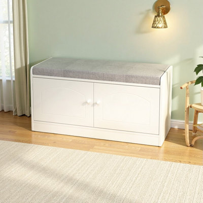 White & Gray Entryway Bench with Cushion | 2-Door Shoe Storage Cabinet | Holds 12 Pairs of Shoes | Adjustable Shelves