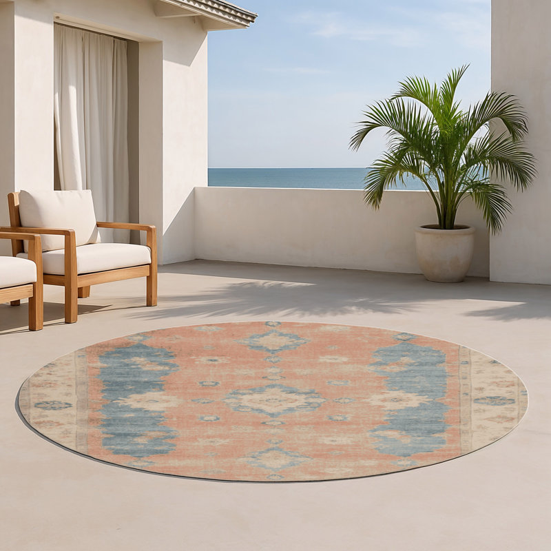 Overdyed Beige Indoor and Outdoor Area Rug, Round 5'