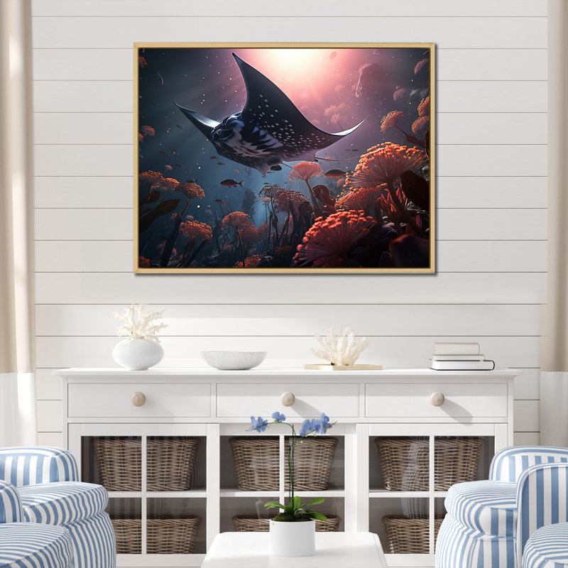«Manta Rays Drifters Landscape I», reproduction sur toile, H 30 po x l 40 po x P 1,5 po, Cadre naturel flottant