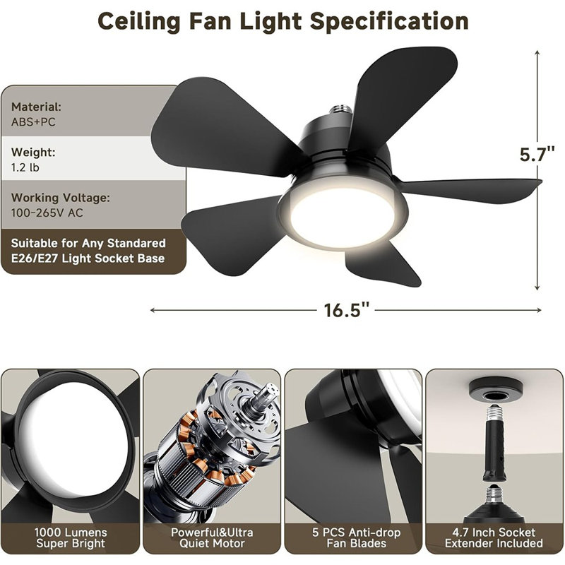 Ventilateur de plafond avec télécommande, 5 lumières à intensité variable ...