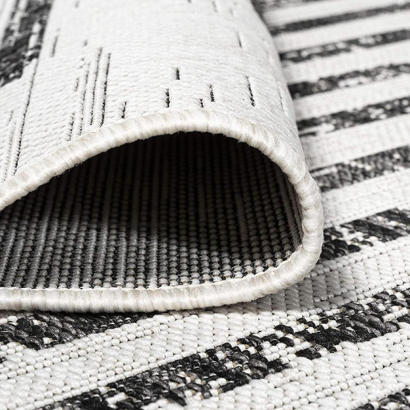 Exmore Berber Stripe Geometric Ivory/Black Indoor/Outdoor Rug, Rectangle 3'11" x 6'