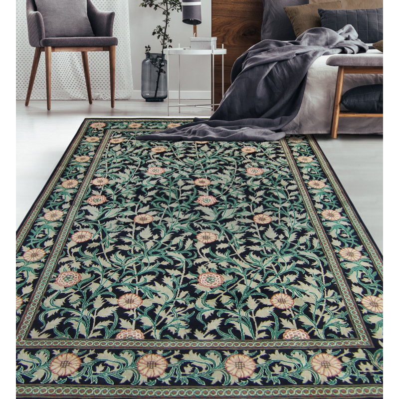 Tapis Lierka fait à la main de style Lierka - noir - vert, 6 pi 2 po x 8 pi 11 po