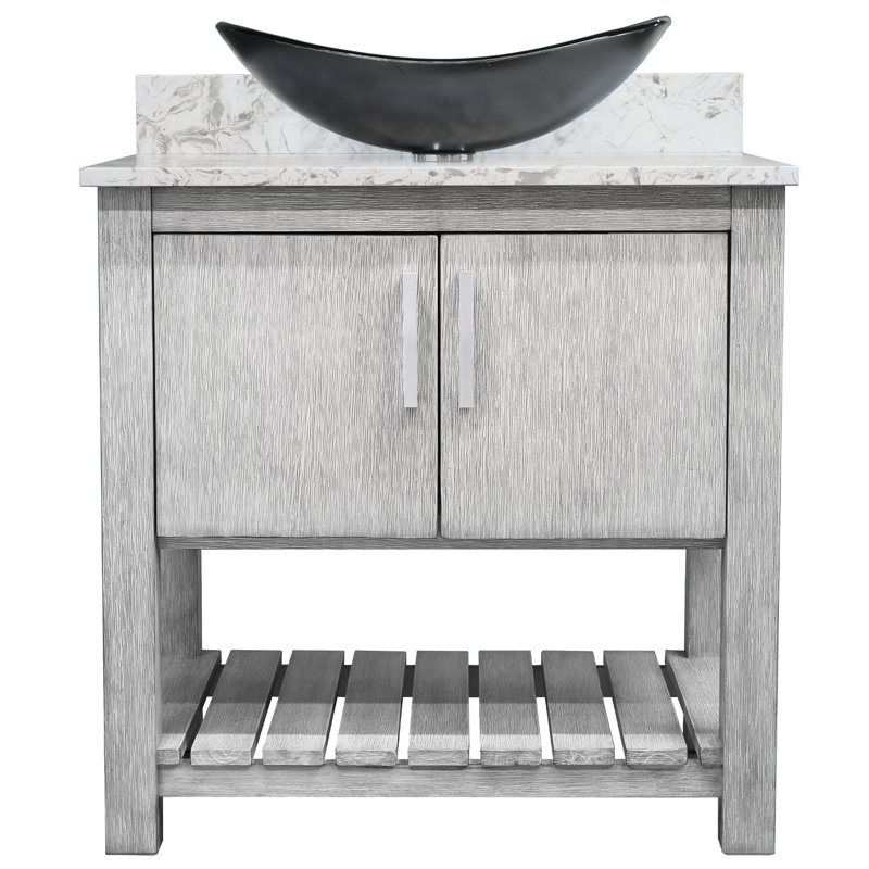 Meuble-lavabo avec comptoir en quartz moka, miroir et lavabo, 30", Nickel brossé