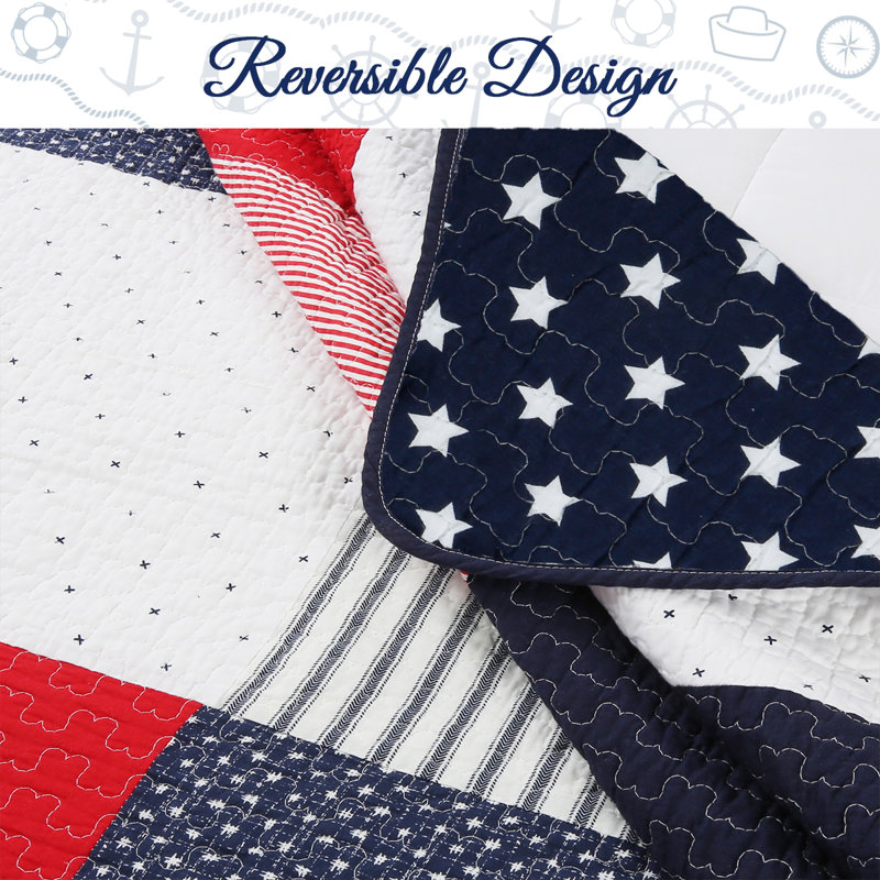 Patriotic Patchwork Red White and Blue Cotton Twin Quilt Set