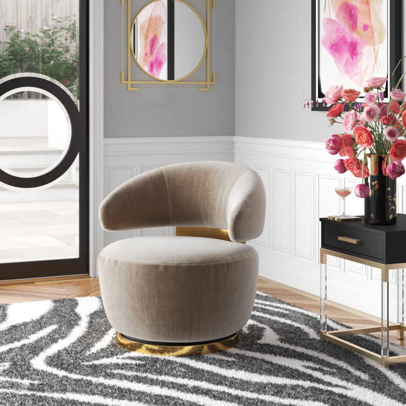 Upholstered Swivel Barrel Chair, Champagne Faux Fur