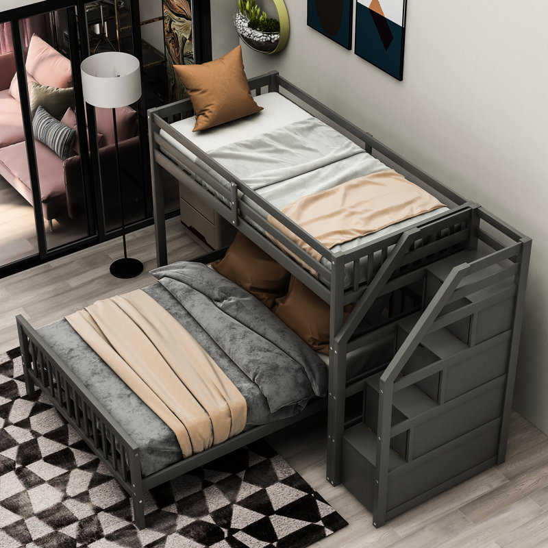 Lit mezzanine avec lit simple au-dessus de l'installation complète, barrières de sécurité - lit superposé gris, support de matelas confortable
