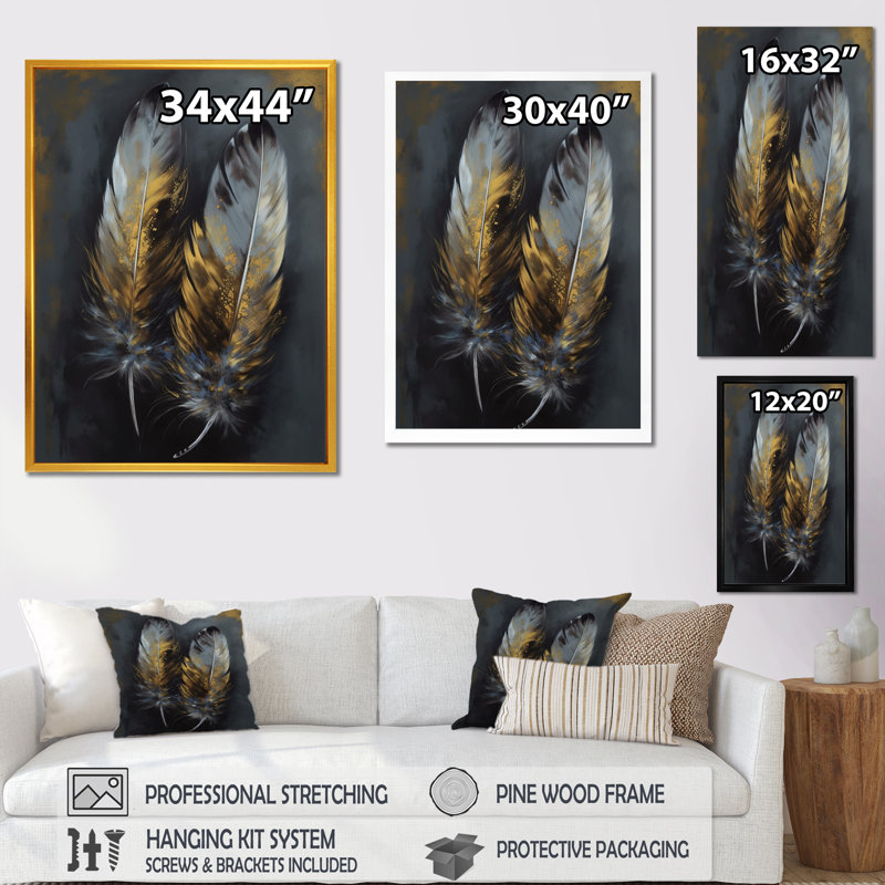 «Roumena Gold Boho Chic Feathers I», reproduction sur toile, Cadre photo noir, H 20 po x l 12 po x P 1 po