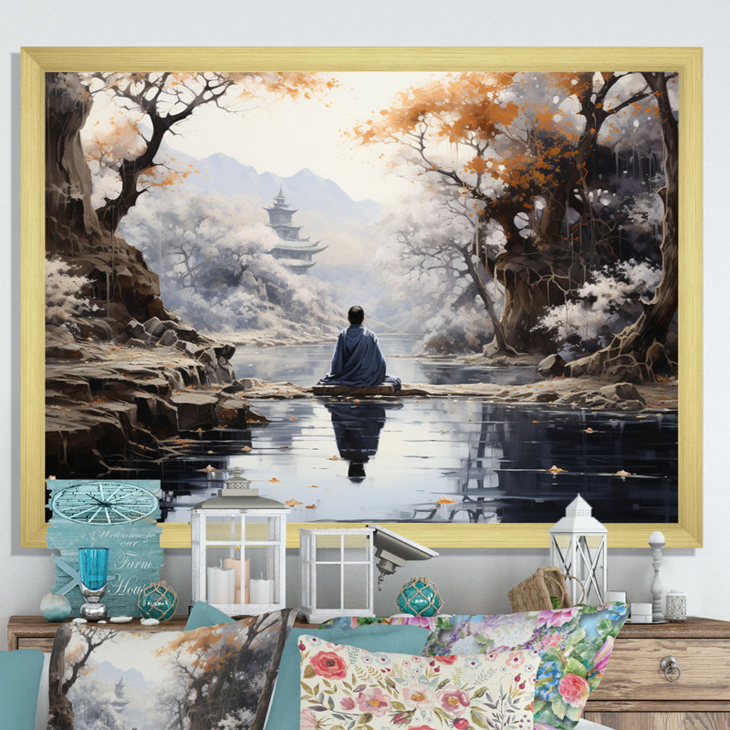 Grey Buddhism Enlightened Path II Framed On Canvas Print, Gold Single Picture Framed, 24" H x 32" W x 1" D