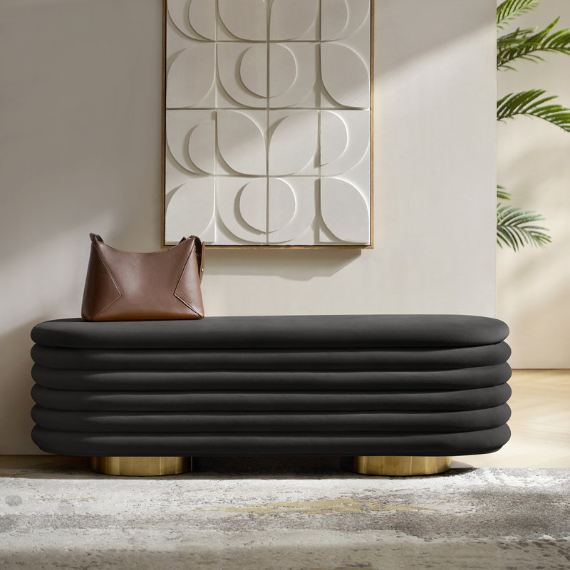 Nettie 54" Modern Velvet Boucle Upholstered Tufted Storage Bench with Gold-finished Metal Legs, Black