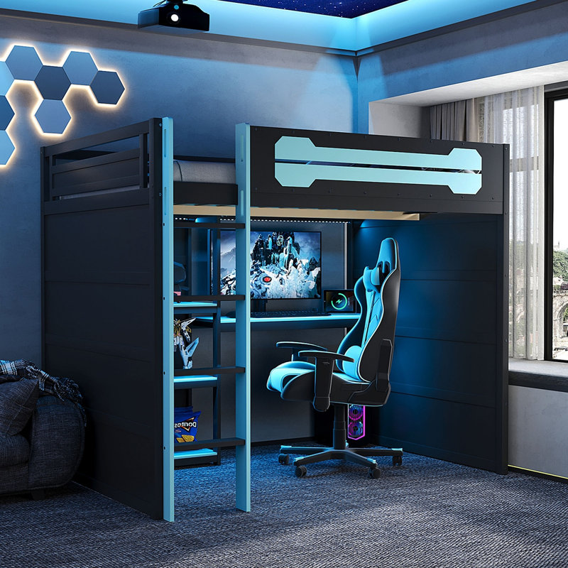 Lit mezzanine double en bois pleine grandeur avec tablettes de rangement, bureau, prise USB et prise de courant, et lumière DEL, noir et bleu