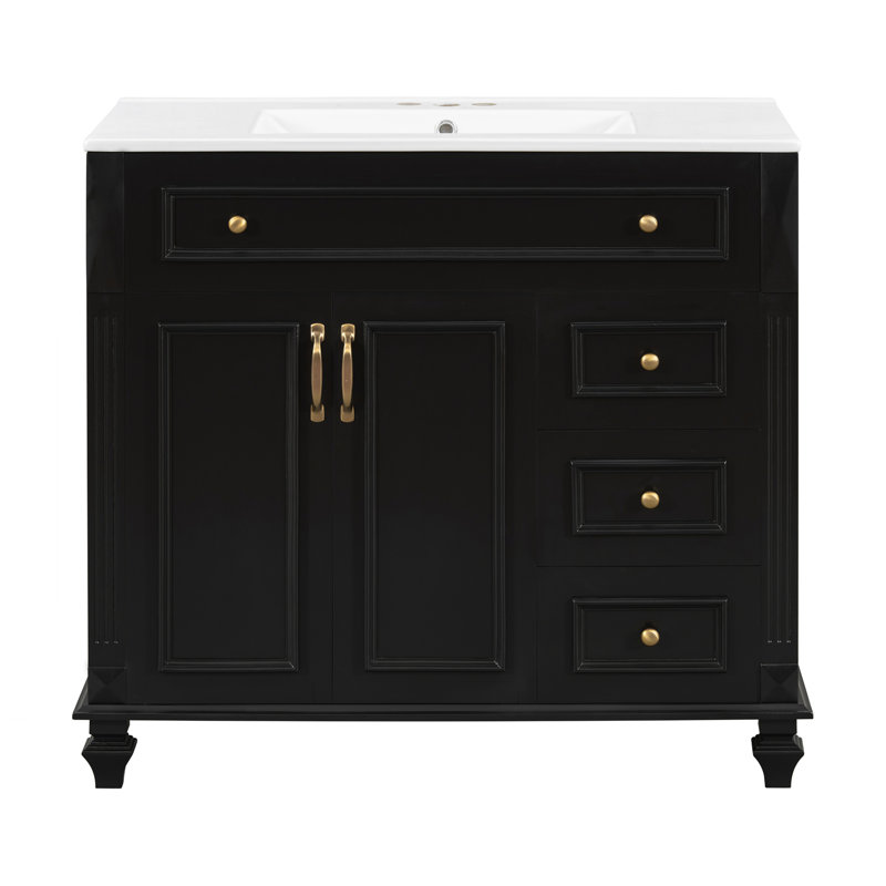 Armoire de meuble-lavabo avec tiroir rabattable, Noir, Doré