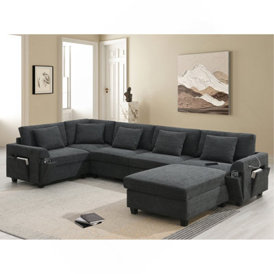 Canapé modulaire en forme de U de 128 x 67 po, ensemble de canapé en chenille 6 places avec repose-pieds surdimensionné, rangement pour accoudoirs cachés et porte-gobelets, ports de chargement USB, canapé à siège large pour le salon, appartements