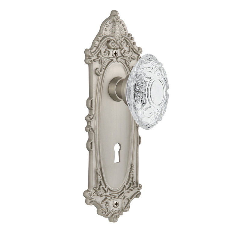 Plaque victorienne avec trou de serrure décoratif et bouton victorien en cristal, 2 3/8 po, Nickel satiné
