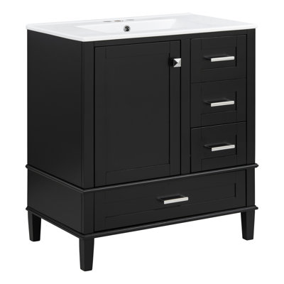 Ensemble de meuble-lavabo moderne 30 po avec meuble-lavabo 30 po, ensemble de rangement pour salle de bain avec 1 porte à fermeture douce et 3 tiroirs à fermeture douce, cadre en bois massif (noir)