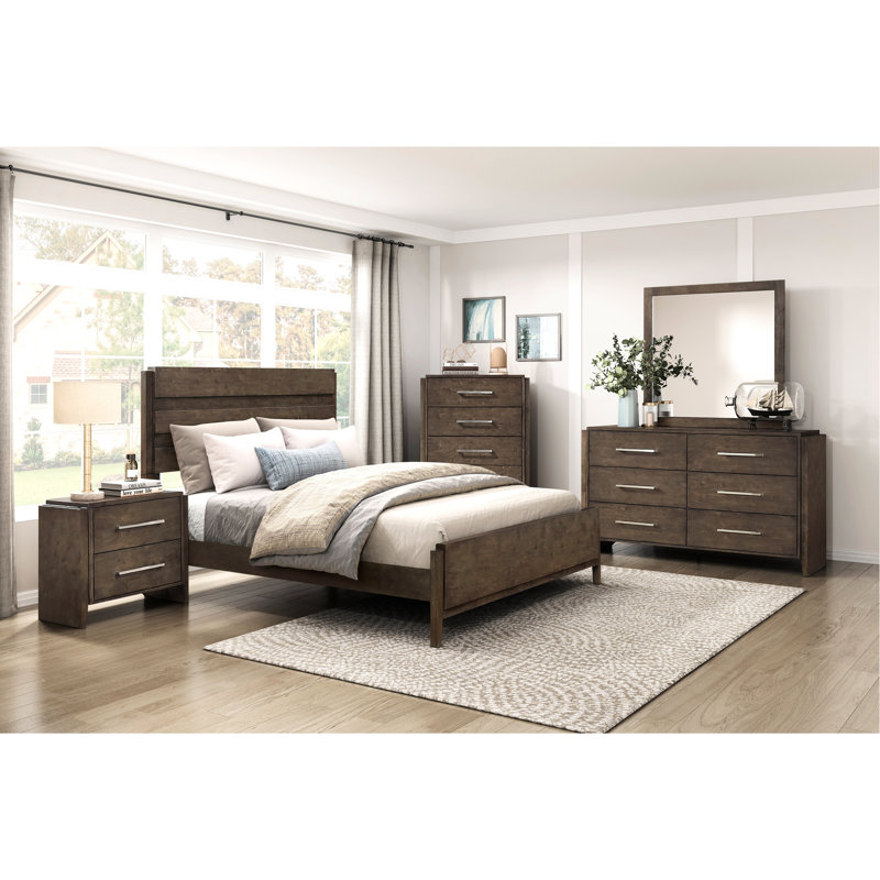 Table de chevet en bois d'hévéa massif avec finition noyer foncé, deux tiroirs, style transitionnel, pour la chambre à coucher