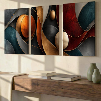 3 Pieces Exculisive Teal Copper and Burgundy Sculptural Abstract Large Wall Art Dramatic Panoramic, Canvas Decor for Living Room, Bedroom and Office