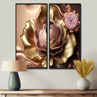Rétro, rétro, abstrait, fleurs roses et dorées I - Art mural traditionnel