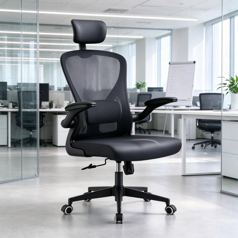 Ergonomic mesh office chair featuring an adjustable headrest, flip-up armrests, lumbar support, and a backrest that reclines 90°–125°, with a weight capacity of 300 pounds (black)