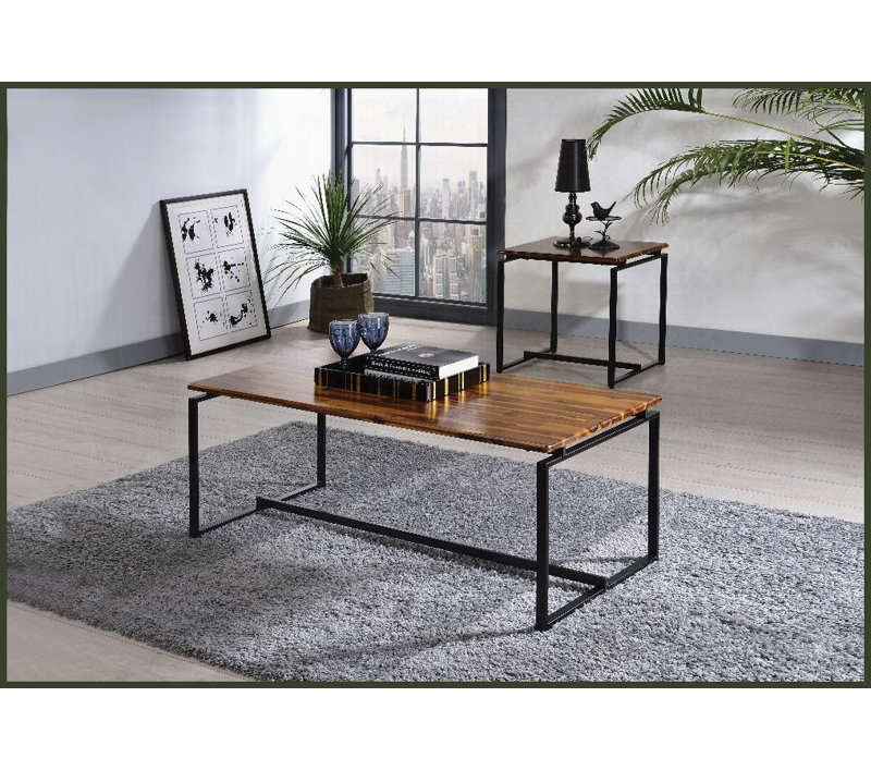 Café industriel 3 pièces Jurgen's & amp; Ensemble de tables de bout - plateau en bois de chêne, base en métal noir, durable pour le salon