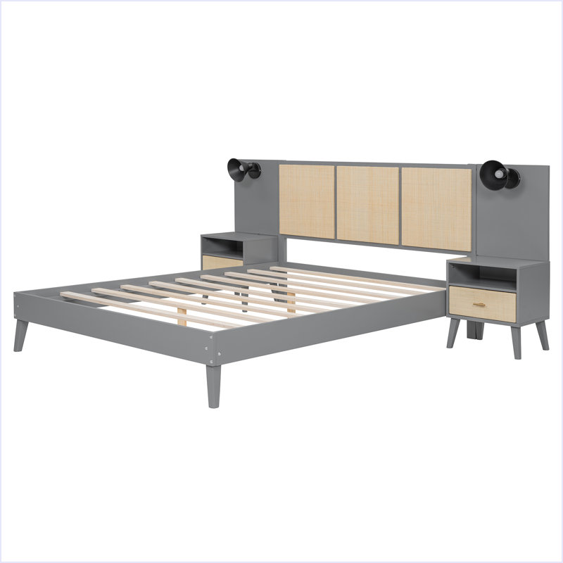 Structure de lit grand en bois massif avec 2 tables de chevet, conception élégante avec lampes, Gris