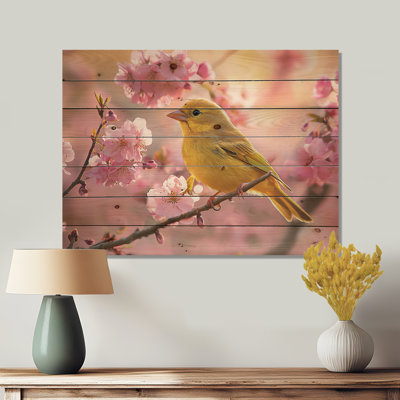Songbird In Melody Spring Tree II - Art mural en bois oiseau - sur bois de pin naturel