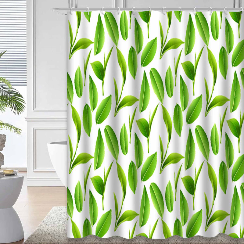 Rideau de douche vert à feuilles naturelles avec 12 crochets Tea Leaves, L 72 po x l 78 po