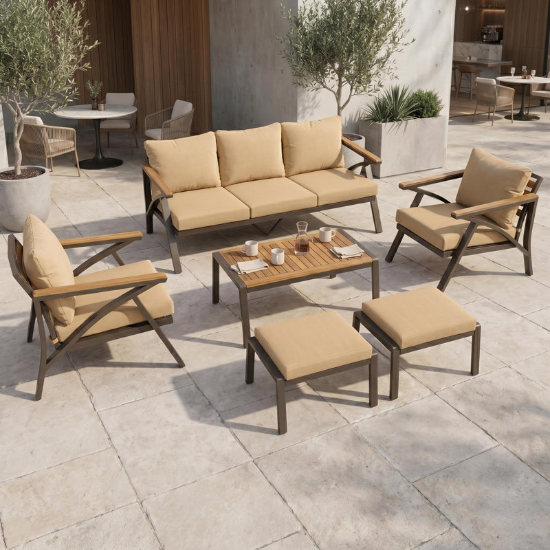 Ensemble de conversation pour l'extérieur 6 pièces avec canapé, chaises longues, repose-pieds et table basse, Brown
