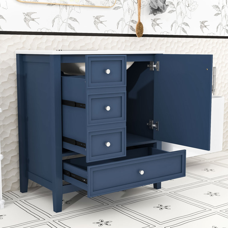 Meuble-lavabo moderne avec lavabo en céramique intégré, armoire à charnières à fermeture en douceur et 3 tiroirs, Bleu