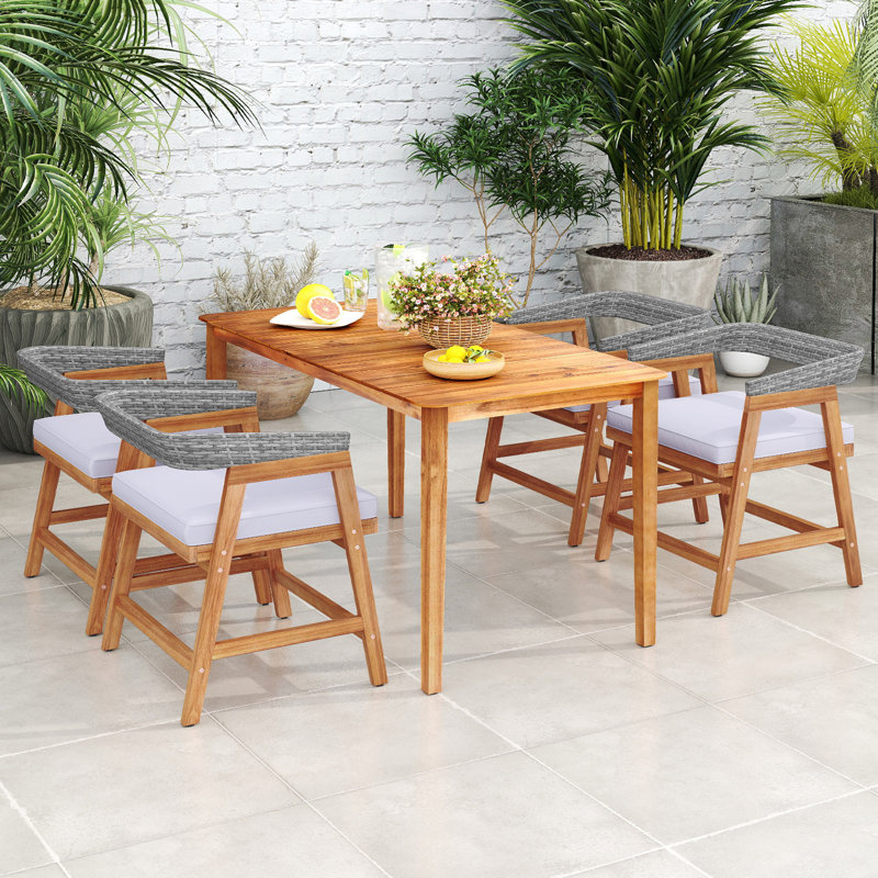  Ensemble de salle à manger pour patio 5 pièces, meubles en bois massif avec dossier et coussins de siège en rotin