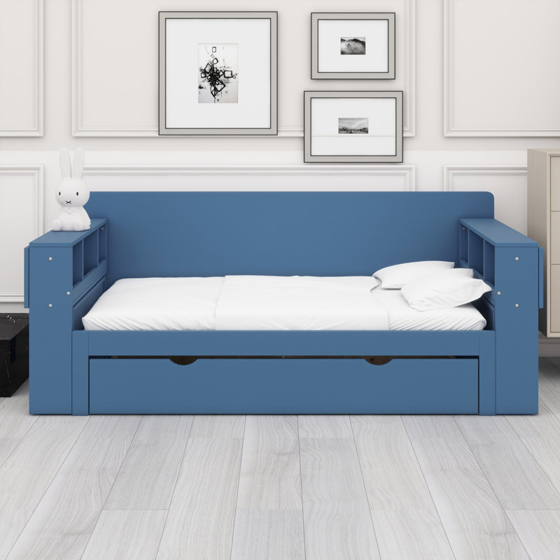 Lit de jour avec bureau amovible, tiroirs de rangement et table d'appoint hydraulique, Bleu, Complet/Double