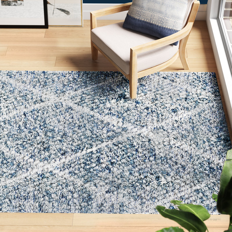 Tapis en laine / coton tissé à la main Russo en ivoire / bleu, Rectangulaire 8 pi x 10 pi