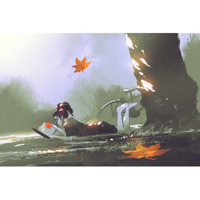 Young Girl Laying On Grass Reading A Book In Park 1 Piece Wrapped Canvas Painting