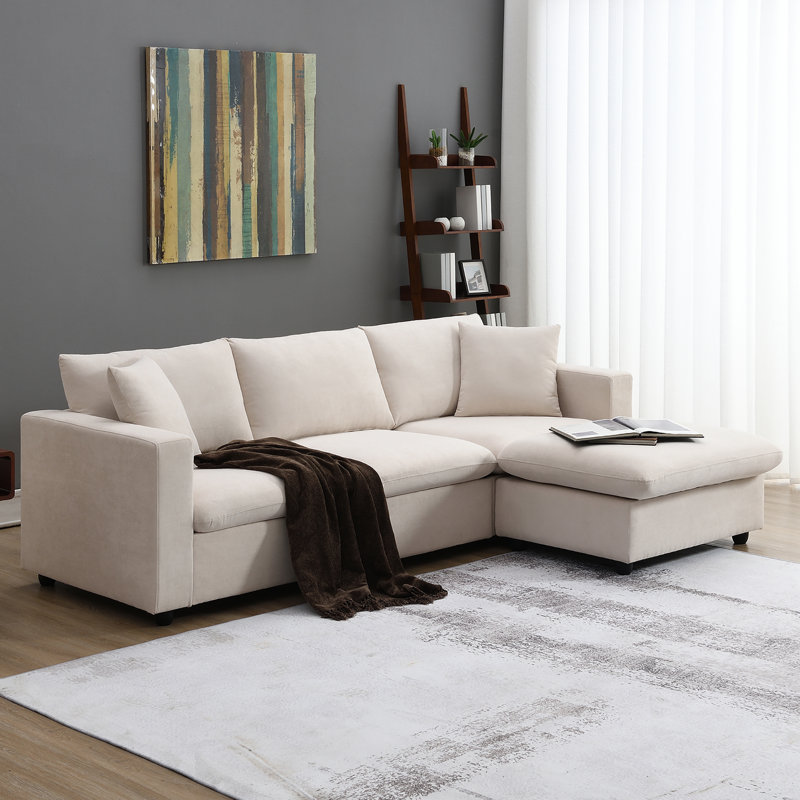  Canapé modulaire de 101 po x 66 po, canapé en forme de L en nuage, canapé en tissu de polyester à 4 places avec siège large et repose-pieds mobile, blanc