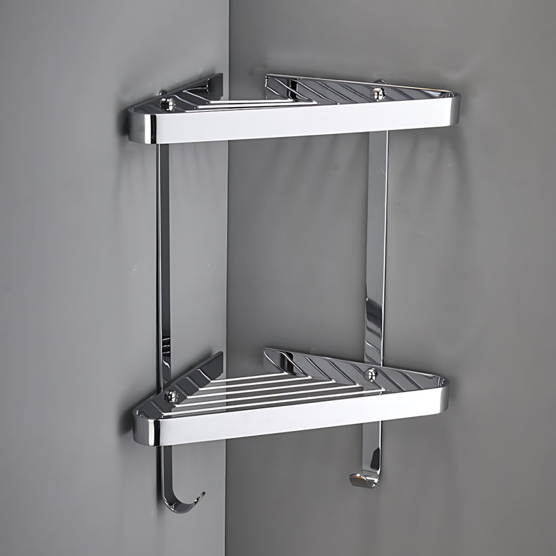 Antique Gold Double Layer Bathroom Corner Shelf With Hooks Wall Mounted Space Saving Storage Organizer, Silver