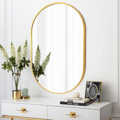 Miroir mural ovale en métal doré de 20 po x 28 po - Style contemporain, verre, cadre en aluminium, instructions d'installation pour un espace de vie moderne, verre de 4 mm de hauteur et non déformation