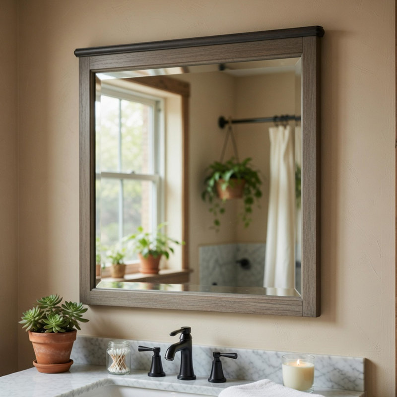 Miroir de commode Cadie, rail supérieur en planches, gris antique et brun café 38 x 42