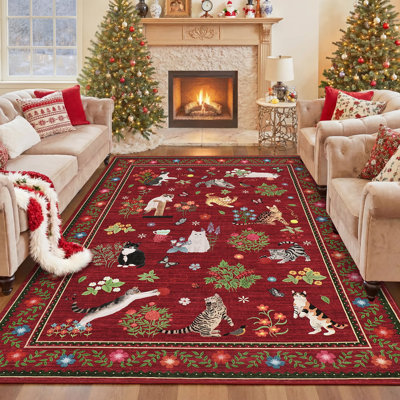 Tapis de Noël avec motif de chat mignon et bordure florale, lavable, antidérapant et pliable, idéal pour le salon et la salle à manger.