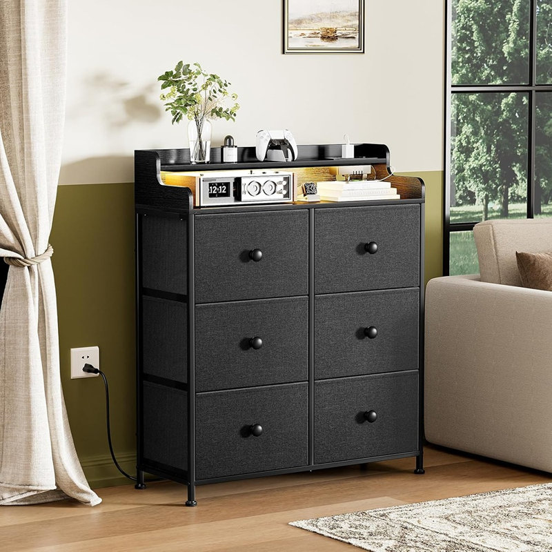 Dresser For Bedroom With Charging Station And LED Lights, 6 Drawers Dresser TV Stand With Wooden Top, Tall Fabric Chest Of Drawer With Sturdy Frame For Closet, Living Room, Hallway, Black Gray