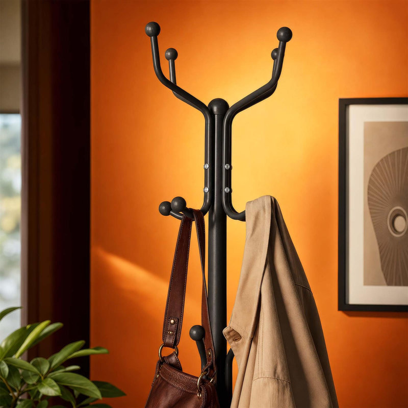 Free Standing Steel Coat Rack - Tubular Tree Stand with Multiple Hanging Hooks, Black