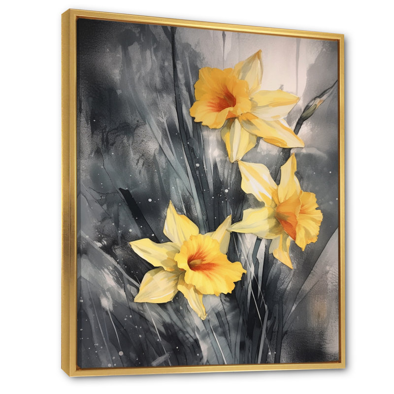 «Yellow Gray Natures Daffodils Impression II» sur toile, H 20 po x l 12 po x P 1 po, Cadre flottant doré