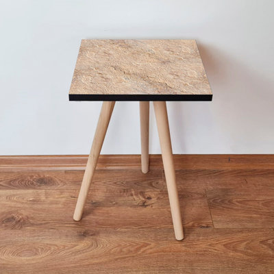 Modern Side Table with Beech Wood Legs, Beige Color, 13.8 x 16.5 x 13.8 inches | 100% MDF with Marble Finish, Thickness: 0.7 inches | Perfect for Scandinavian & Contemporary Décor, Stylish & Functional Design