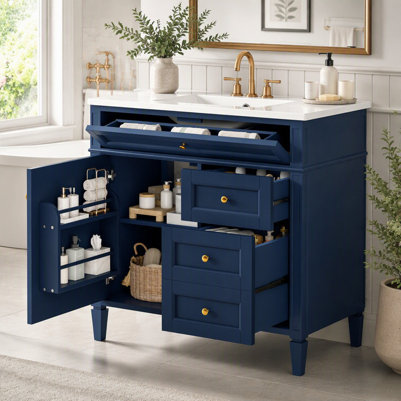 Meuble-lavabo de salle de bain de 36 pouces (91 cm) avec motif et grand espace de rangement, Bleu, Gold