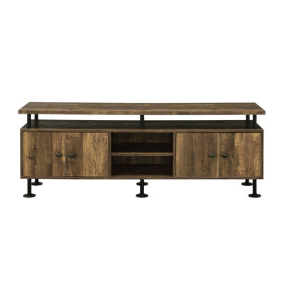 60 - Inch Tv Stand, 4 Open Compartments, Door Storage, Water Pipe Style, Rustic Oak, Black Metal Frame, Cord Management, 69 Tvs Oak And Style Management For Flat Screens
