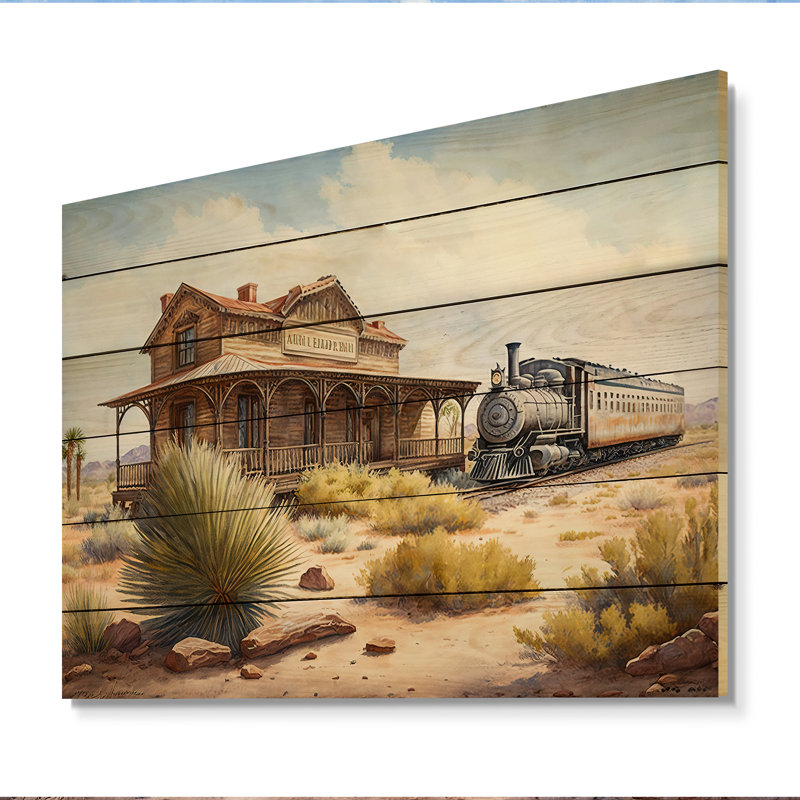 Wild West Train Station II - impression sans cadre sur bois, H 30 po x l 40 po x P 1,5 po