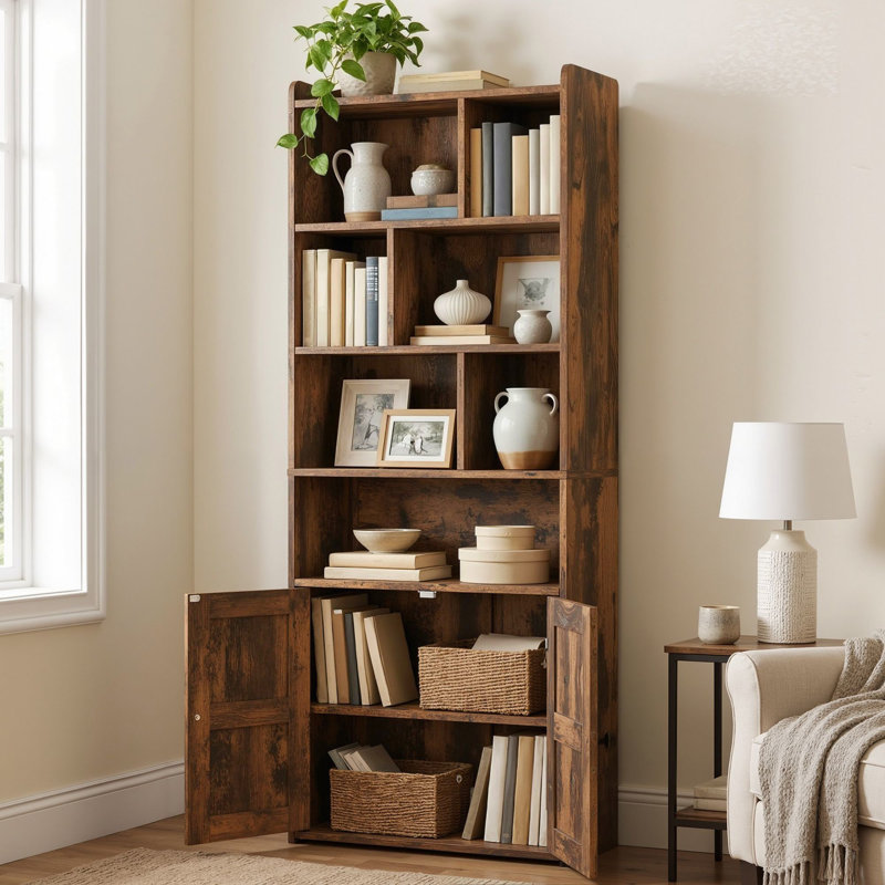 Bookcase With Open Cubbies & Cabinet, (6 Shelves) 158cm. H x 60cm. W x 30cm. D, Brown