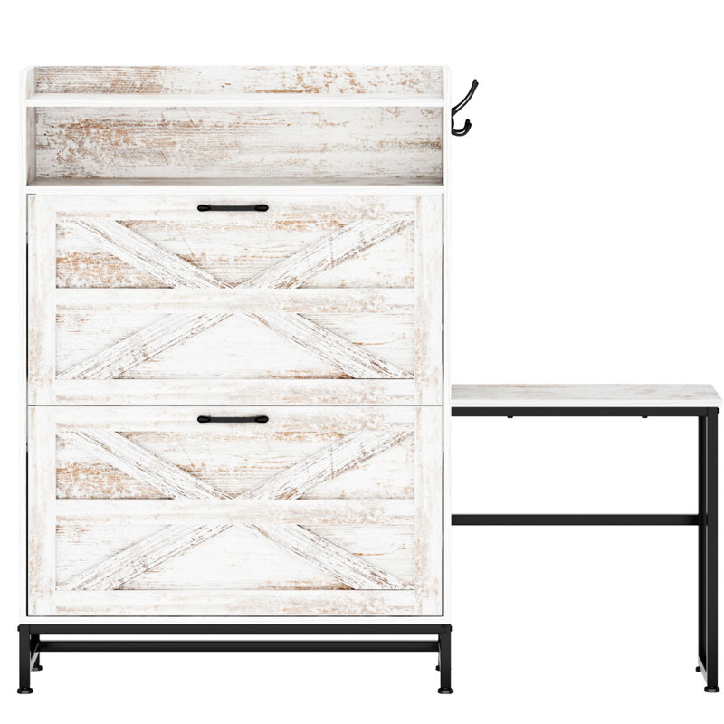 Rangement pour chaussures de grande capacité en blanc, 2 tiroirs rabattables avec fentes réglables, rétro rustique, basculant, armoire d'entrée pour le vestibule: tiroir amovible de style rétro et pantoufle