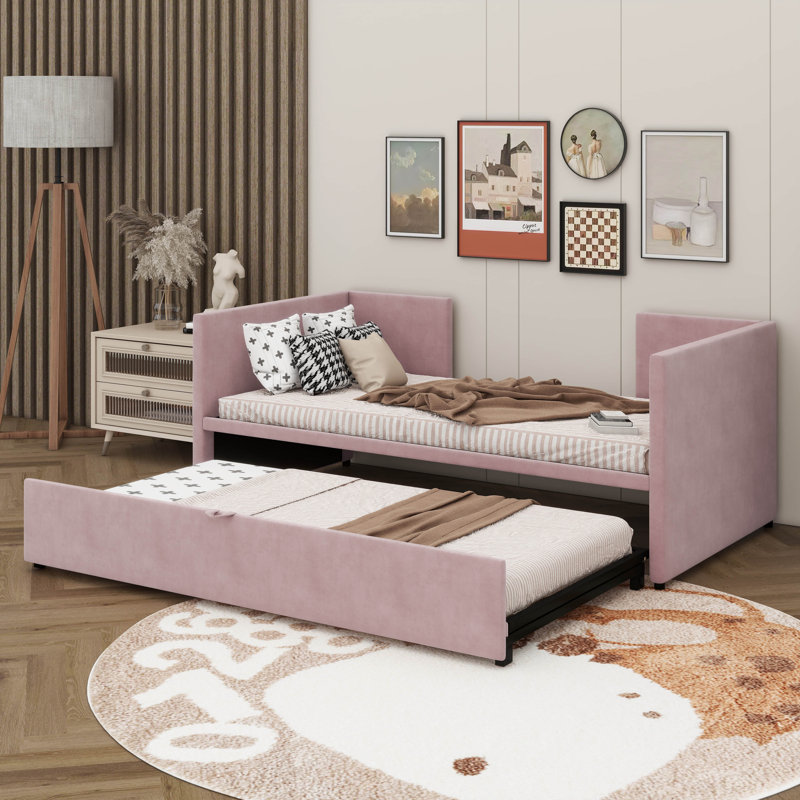 Lit de jour simple rembourré avec couchette escamotable escamotable, Rose